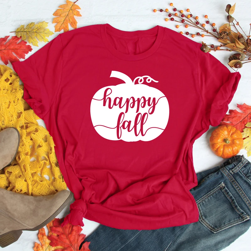 Happy Fall Pumpkin Print T-shirt Women O-Neck Graphic Funny Tees Tops Stylish Tumblr Autumn Harvest Thanksgiving T Shirt | Женская