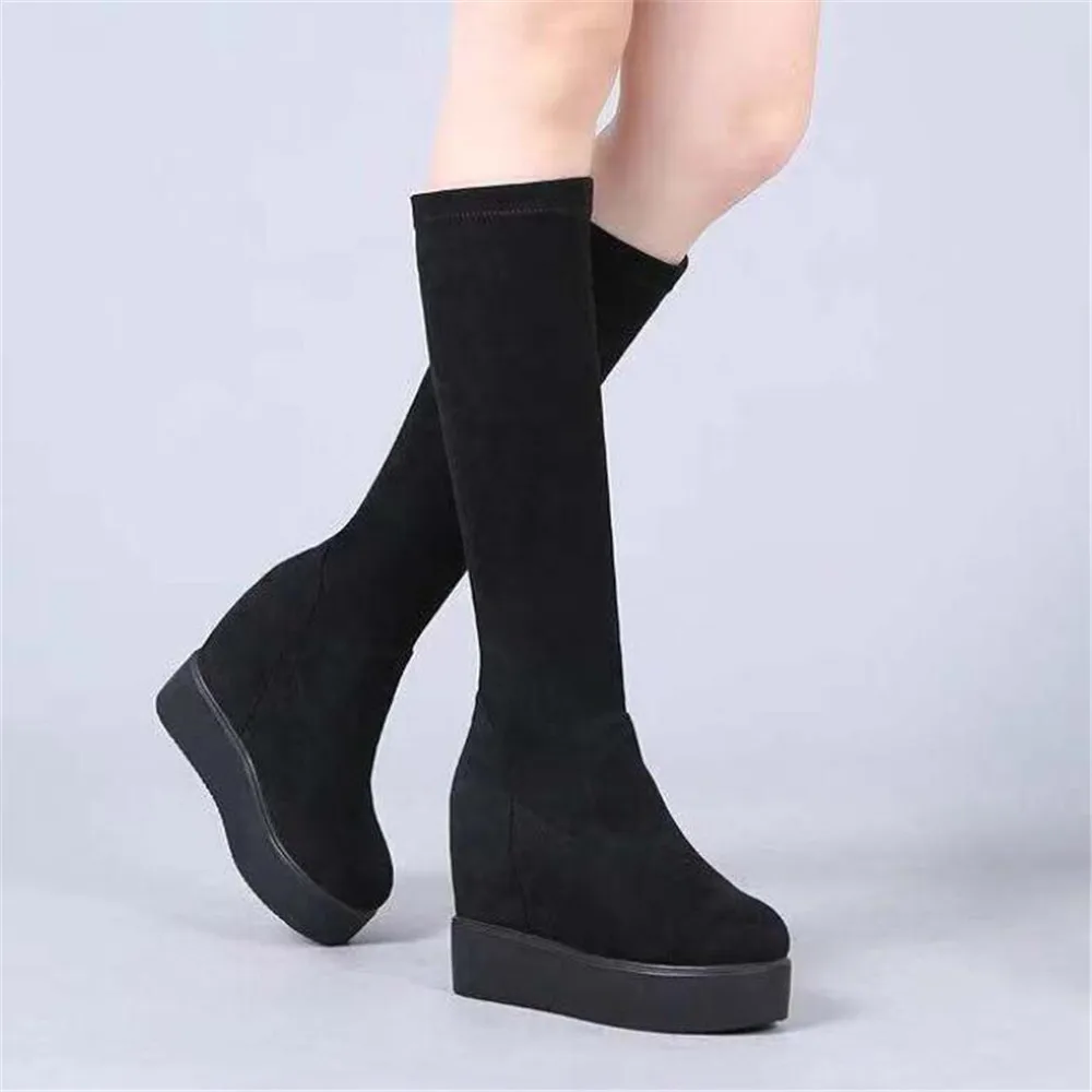 High Tube Boots Women 2022 New Flock Rear Lace Up Knight Booties Thick Bottom Shoes Inner Increase Elastic Fashion Boots Black