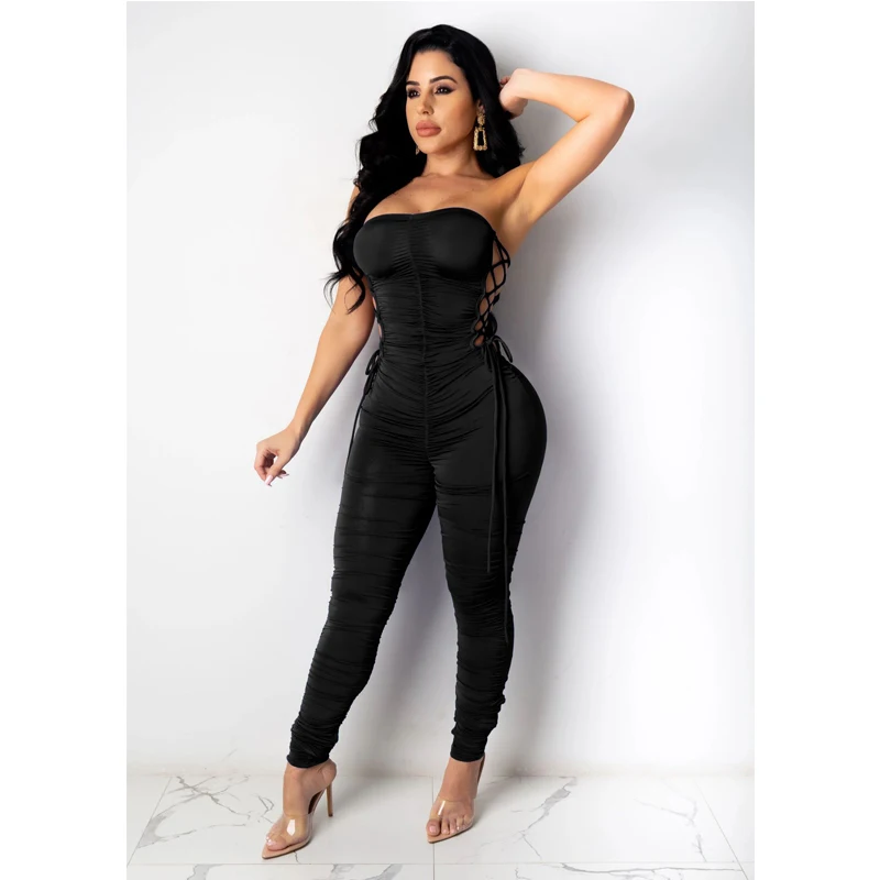 New 2021 Fashion Women Ruched Strapless Jumpsuits Low Cut Off Shoulder Sleeveless Skinny Lace Up Bandage Rompers Sexy Party Club