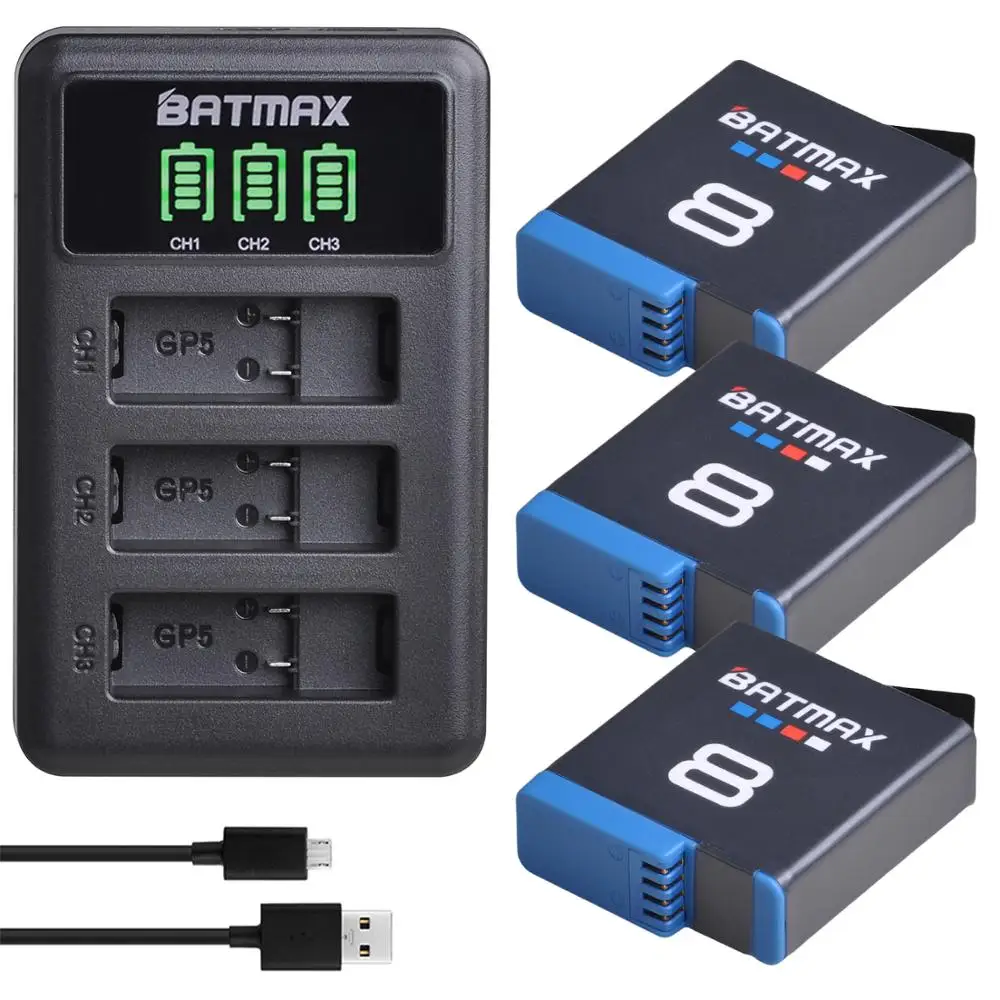 Batmax декодированный Аккумулятор для GoPro 8 hero + светодиодный USB 3 слота зарядное