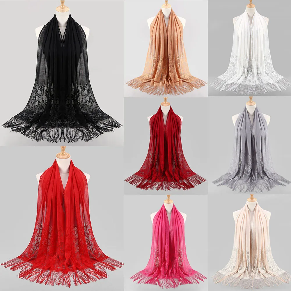 Women Scarf Muslim Islamic Tassel Lace Hollow Long Shawl Wrap Stole Shawls And Wraps Towel Femme Beach Womens |