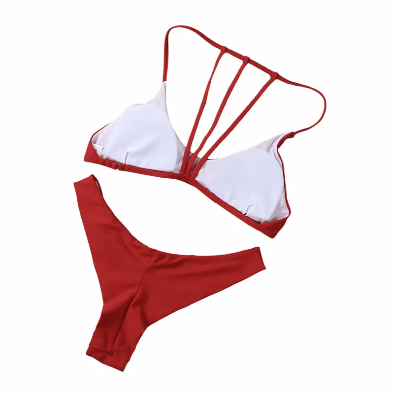 

Women Split Swimsuit Bikinis Set Solid Color Deep V-neck Padded Bikini + Elastic Waist Panties Bathing Suit Summer Swimwears