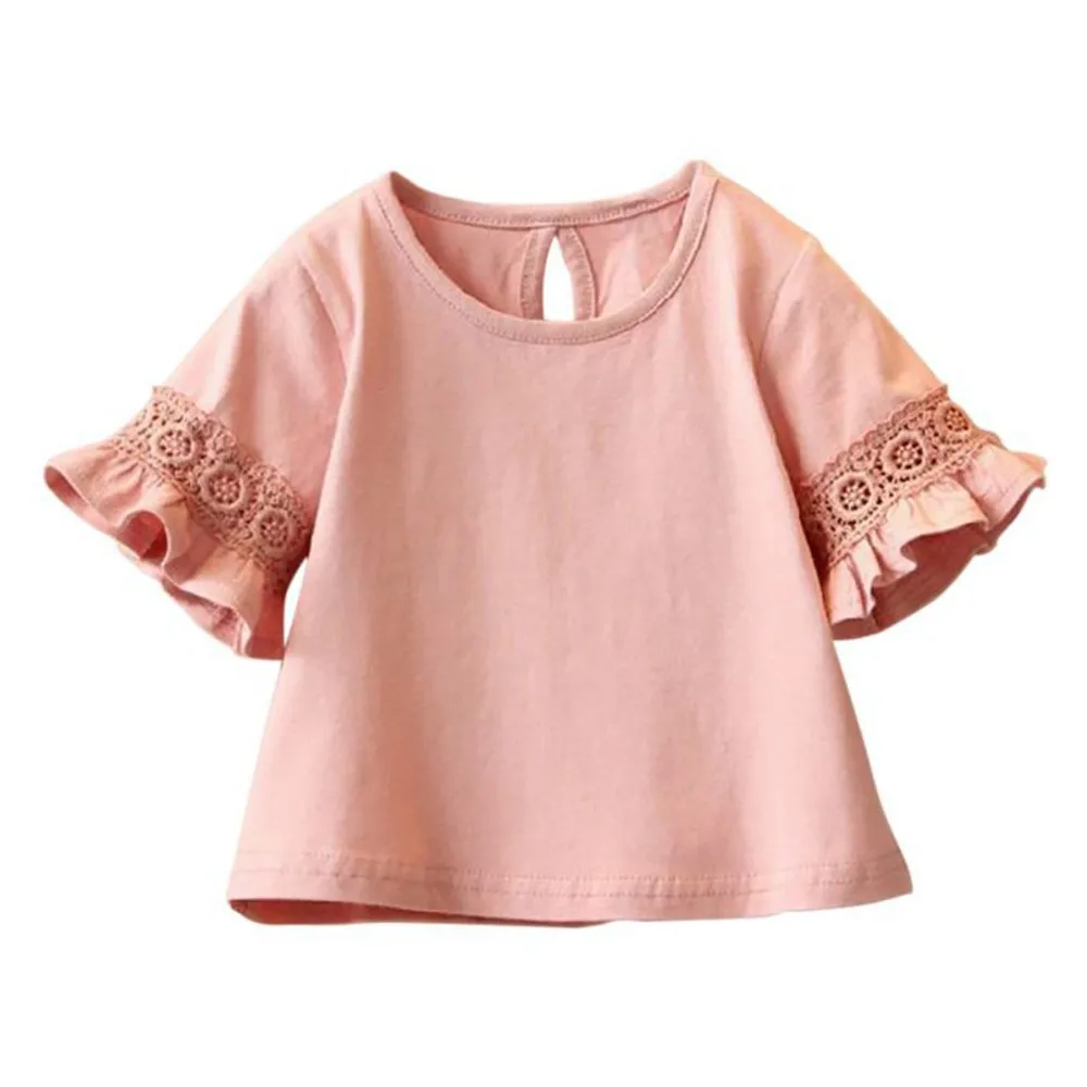 

Kids Girls Short Sleeve T Shirt Round Neck Plain Flared Lace Hollow Summer Casual
