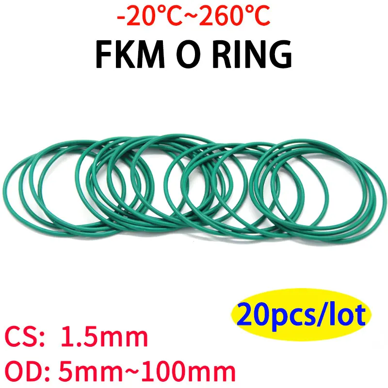 

20pcs CS1.5mm OD 5~100mm Green FKM Fluorine Rubber O Ring Sealing Gasket Insulation Oil High Temperature Resistance Green