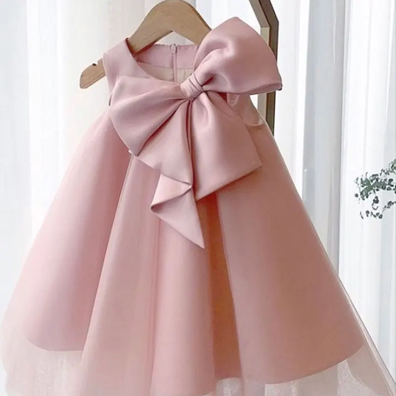 

2021 Flower Girl Dress Children's Birthday Dress Baptism Girl Elegant Bow Long Skirt Kids Party Dress Fashion Princess Net Yarn