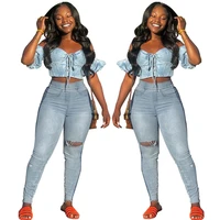 hsf2227 ladies jeans feet pants sexy personality knee holes high waist stretch wash denim pants