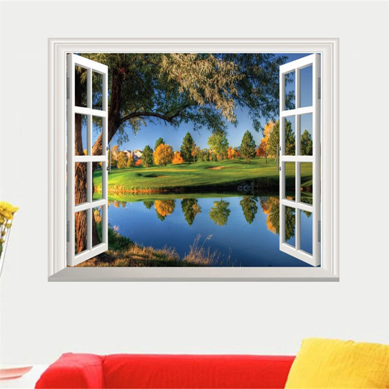 Лидер продаж 2019 наклейка на стену 3D окно озеро большое дерево пейзаж натуральное