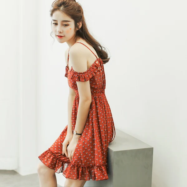 

Летнее красное шифоновое платье с цветочным принтом, юбка с высокой талией и помпонами, короткая юбка с открытой спиной и плечевым ремнем, ...