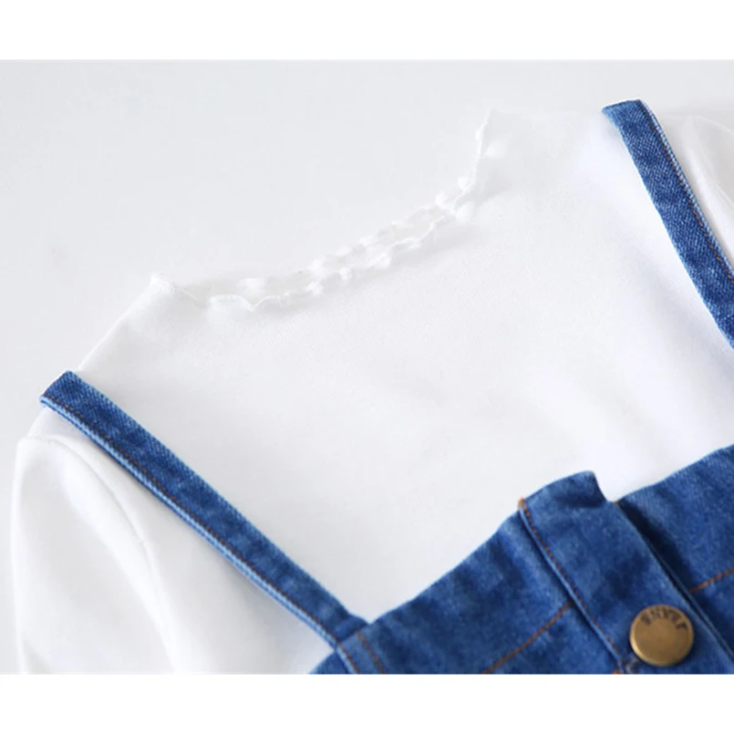 Мягкая дышащая белая кружевная рубашка для девочек + джинсовая юбка с ремешком