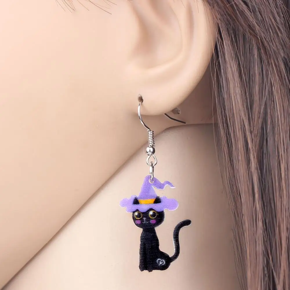 WEVENI акриловые серьги в виде черной кошки на Хэллоуин с шляпой и котенком висячие