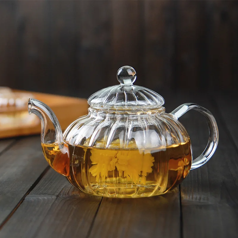 600ml Striped pumpkin shape flower teapot Glass Teapot with Infuser Tea Leaf Herbal Heat Resistant Pot Flower TeaCup | Дом и сад