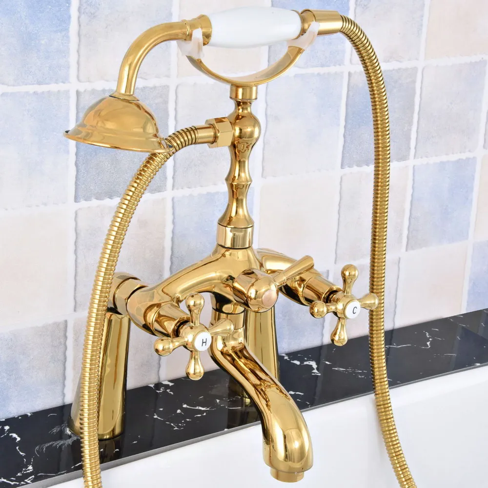 

Bathtub Faucets Luxury Gold Brass Deck Mount Bathroom Shower Mixer Tap Dual Handles Swivel Tub Spout With Hand Shower Head