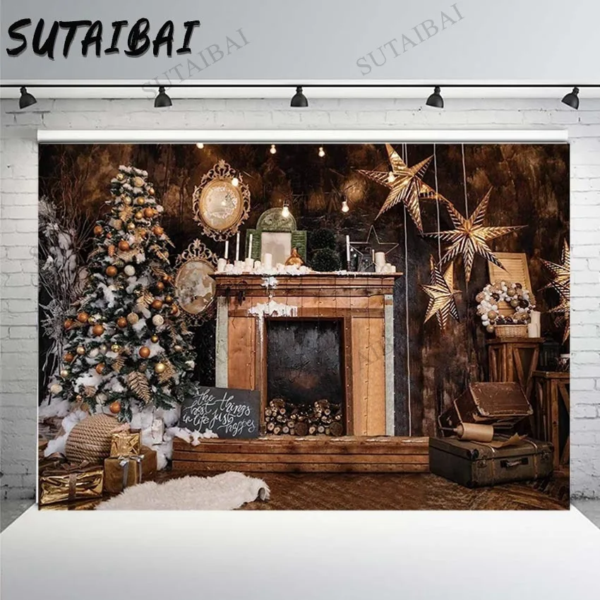 

Christmas Photography Background Brown Wood Wall Fireplace Xmas Party Tree Kids Family Vintage Room Decor Winter Backdrop