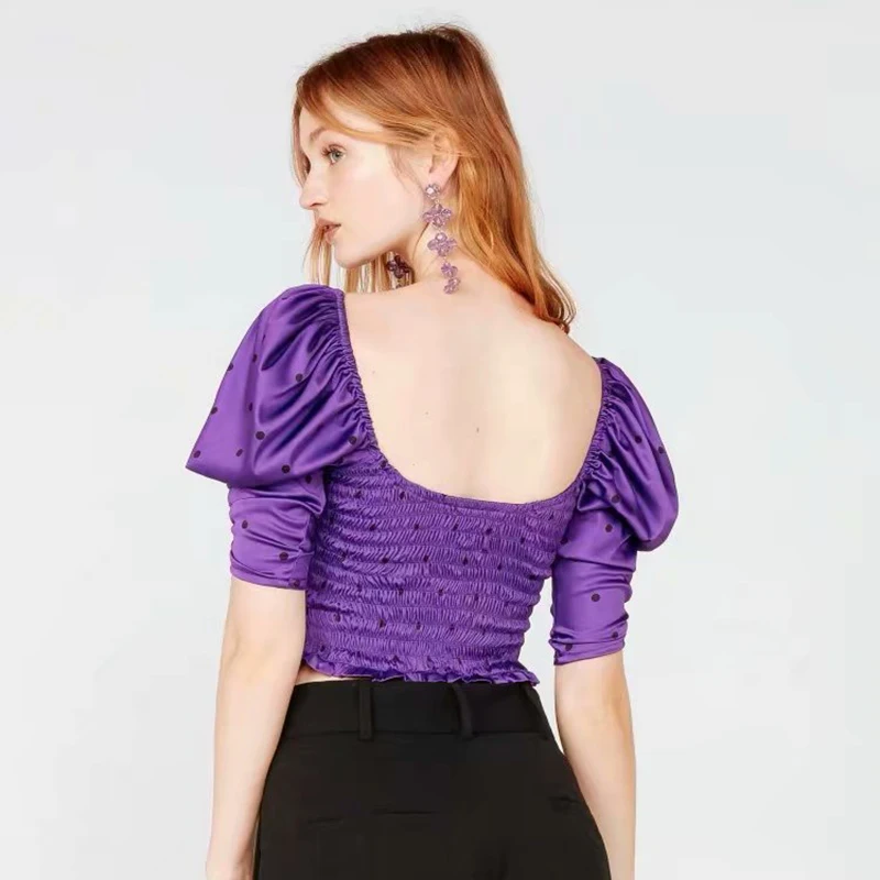 Дизайнерская стильная блузка и рубашка в винтажный атласный Горошек фиолетового