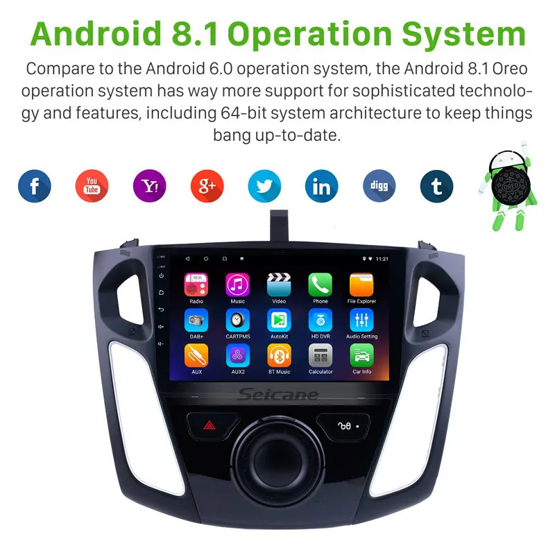 Seicane 9 дюймов Android 9,0 автомобильный мультимедийный плеер для 2011 2012 2013 Ford Focus HD 1024*600 сенсорный экран gps навигация
