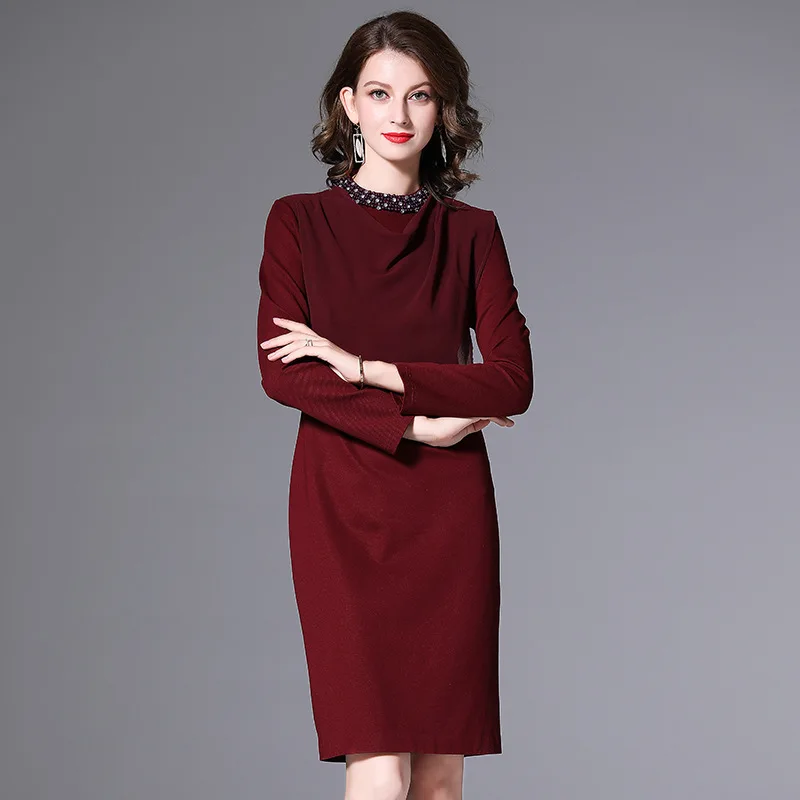 

Spring and Autumn solid color round-neck long-sleeved dress 2020 new fashion patchwork waist-slimming A- line skirt women's clo