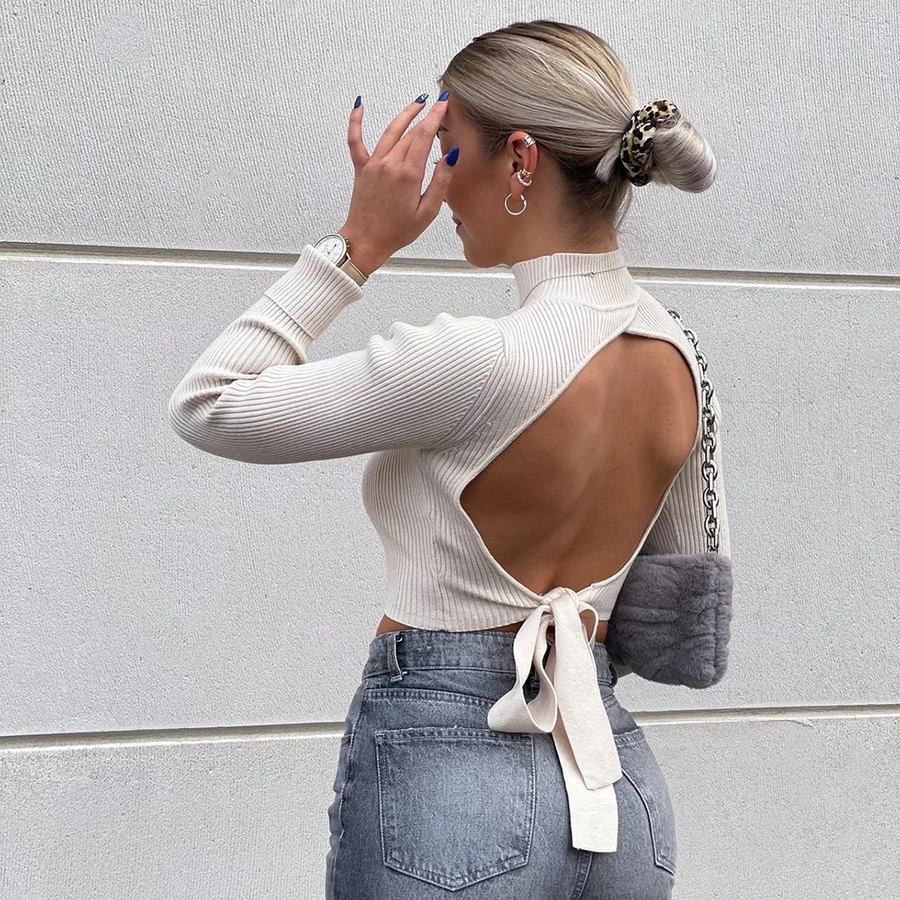 

SYJ 2021 New Women Backless Knit Sweater High Neck Long Sleeves Casual Fashion Chic Lady Woman Sweaters Pullovers Tops
