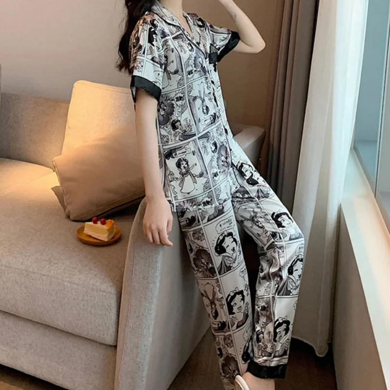 Disney Cartoon Snow White Short Sleeve Silk Pajamas Autumn Women Pajama Sets Silk Pijama Suit Sleepwear Pyjamas Nightwear Set