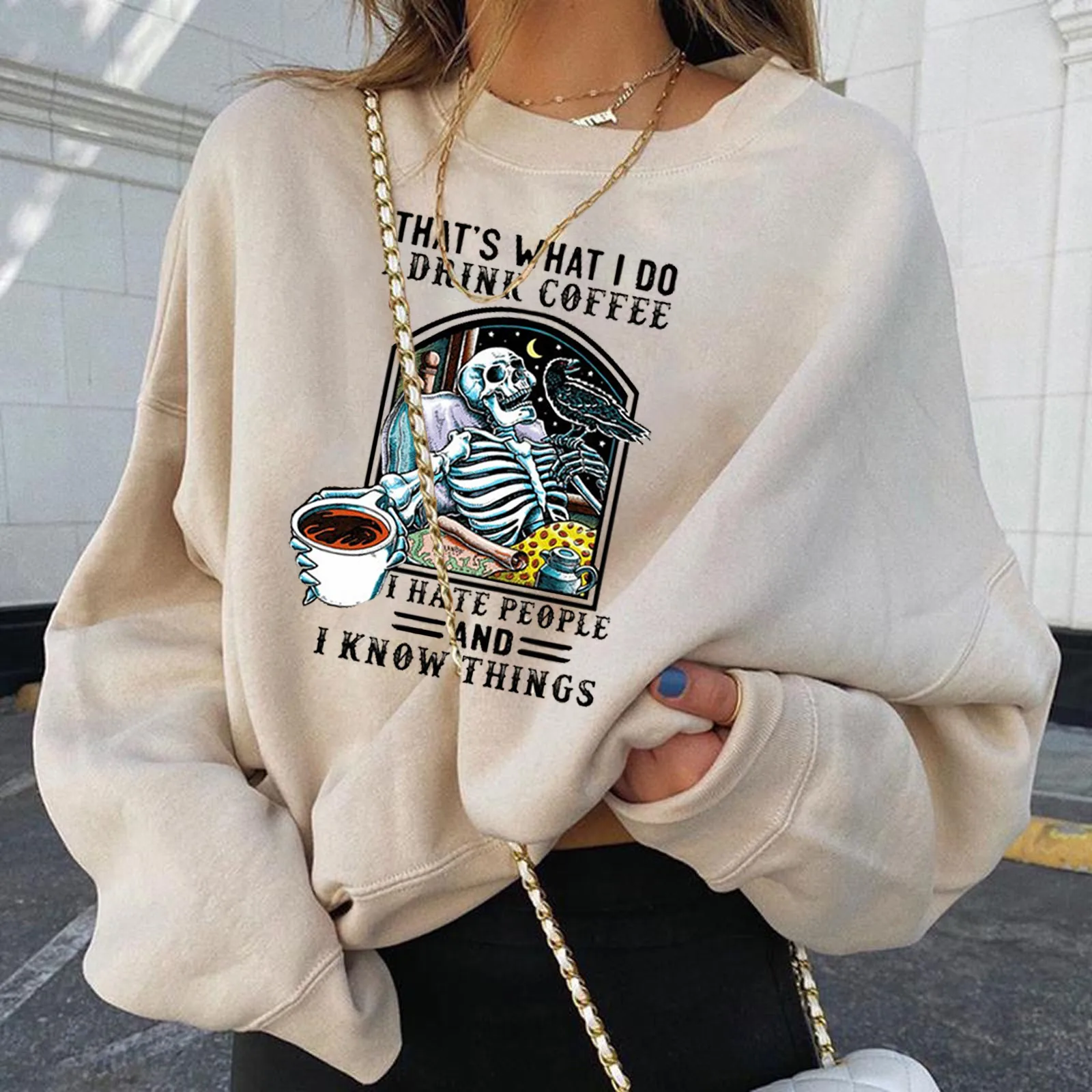 

Halloween Sweatshirt Women Autumn Winter Long Sleeve Long Sleeve Pullover Drinking Coffee Skull Top O- Neck Женская рубашка