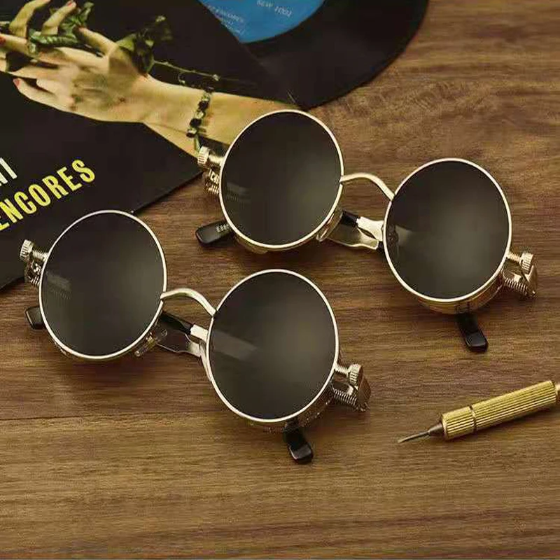 

Fashion gothic steampunk sunglasses luxury brand designer high quality men and women retro round metal frame sunglasses