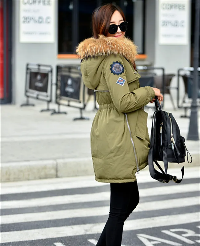 Korea fashion winter woman duck down jacket parkas lady coat with natural real fur collar hooded army green black sky blue pink