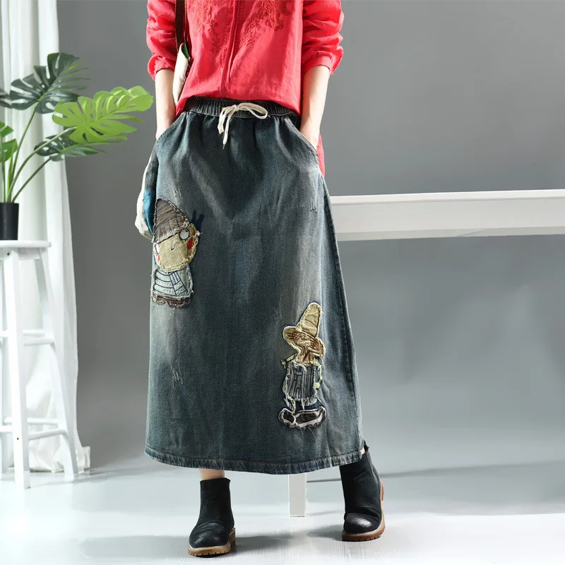 Осенняя юбка в стиле ретро Женская свободная джинсовая с эластичной резинкой на