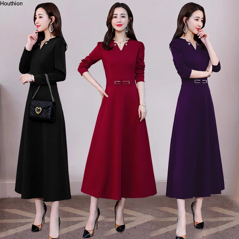 

Chiffon Loose Women Dresses New Fashion Casual Long Sleeve Dress Solid Color V-neck Autumn A-LINE Mid-Calf Houthion