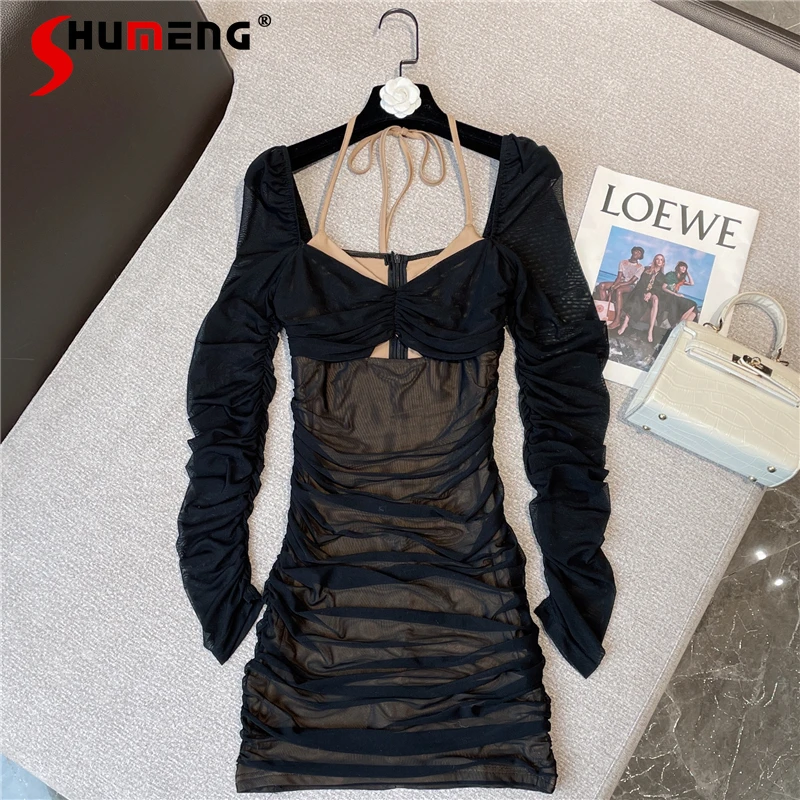 

Женское плиссированное платье во французском стиле, привлекательное облегающее Сетчатое мини-платье с длинным рукавом и воротником-хомуто...