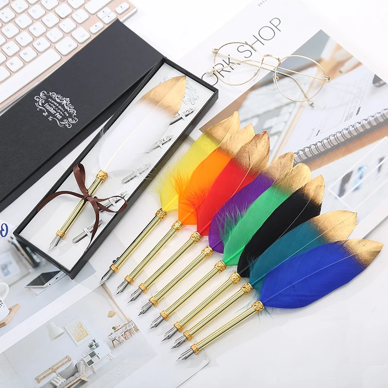 

1 Set Of Calligraphy Feather Set Writing Dip Pen 5 Nib Writing Stationery Set Exquisite Gift Box Student Writing Stationery Pen