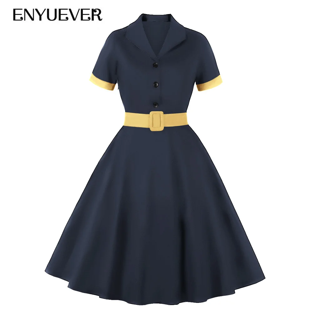 

Элегантное офисное платье Enyuever, женское Хлопковое платье, туника средней длины с пышной юбкой в клетку, сарафан для вечерние, винтажная одежда, ретро-платье