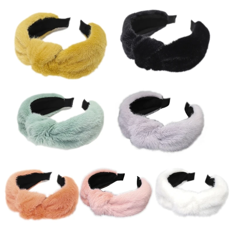 

Women Winter Fluffy Plush Wide Headband Solid Candy Color Twist Knot Center Hair Hoop Casual Makeup Wash Face Headdress