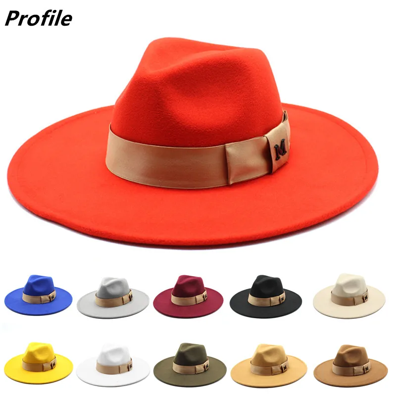 

New Fedora winter hat M logo hat top concave-convex water droplets 9.5cm brim men and women felt jazz big red шляпа женская