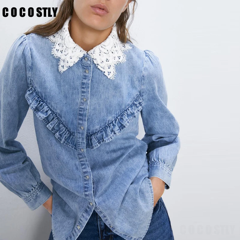 Женская Джинсовая блузка кимоно с кружевом и оборками|Блузки| |