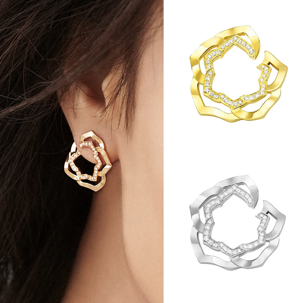 

Flower twisted earrings women diamond-studded zircon earrings European American niche retro earrings double-layer brass jewelry