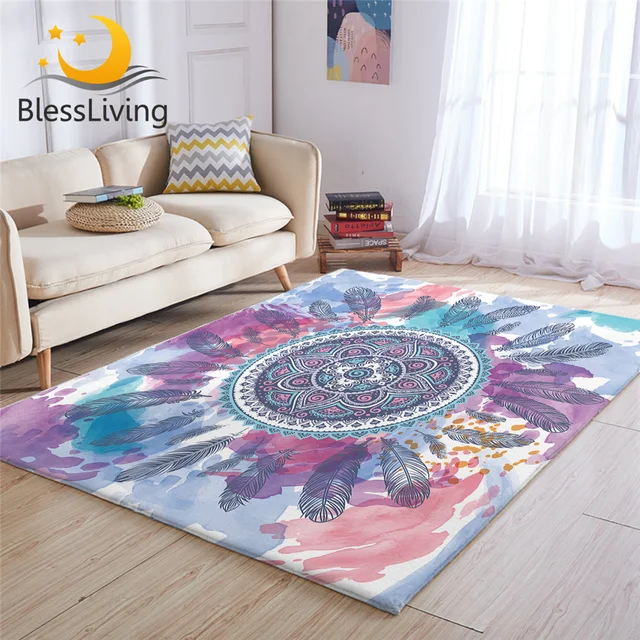 BlessLiving Mandala Feather Living Room Rug Pink Aqua Bedroom Carpet Hippie Circle Floor Mat Watercolor Floral Bohemian Tapete 1