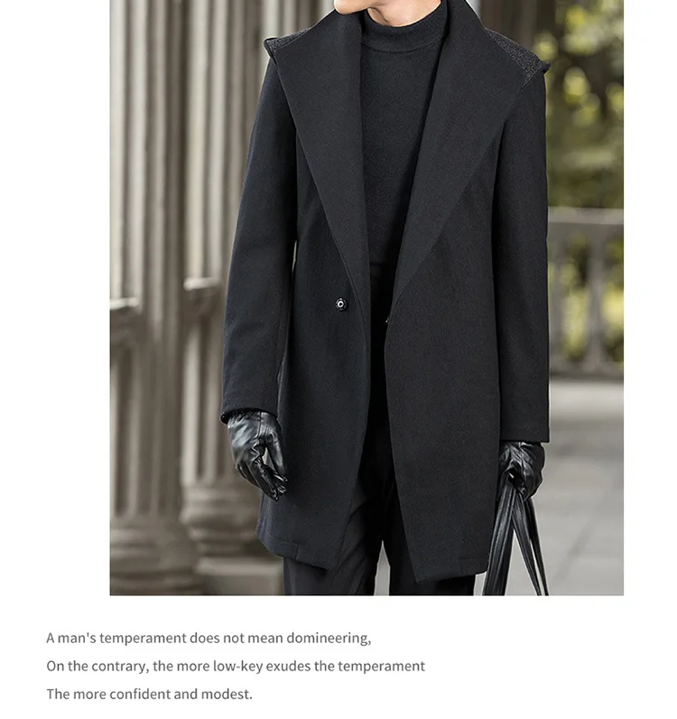 

Winter 34% Wool Cashmere Men Thick Coats Hooded Classic Turn Down Collar Male Fashion Wool Blend Jackets Trench