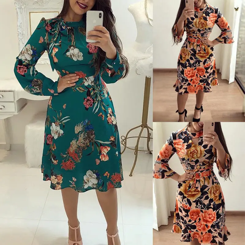 Женское платье с длинным рукавом повседневное мини Расклешенным и цветочным