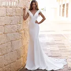 Простое атласное свадебное платье JEHETH с V-образным вырезом и юбкой-годе для женщин с открытой спиной и рукавом-крылышком кружевное винтажное свадебное платье длиной до пола под заказ