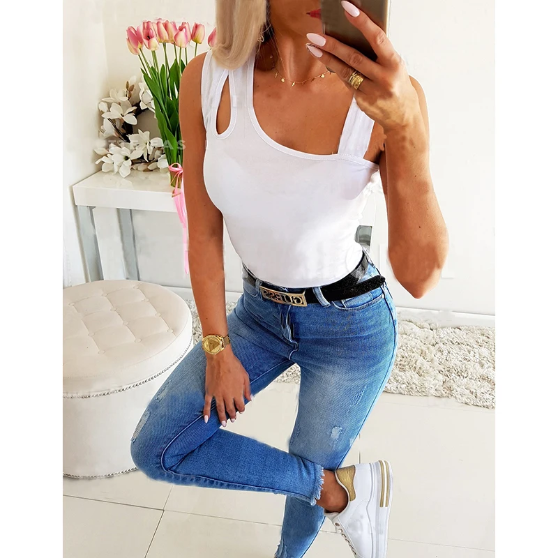 Женская майка с вырезами на груди повседневная однотонная облегающая футболка