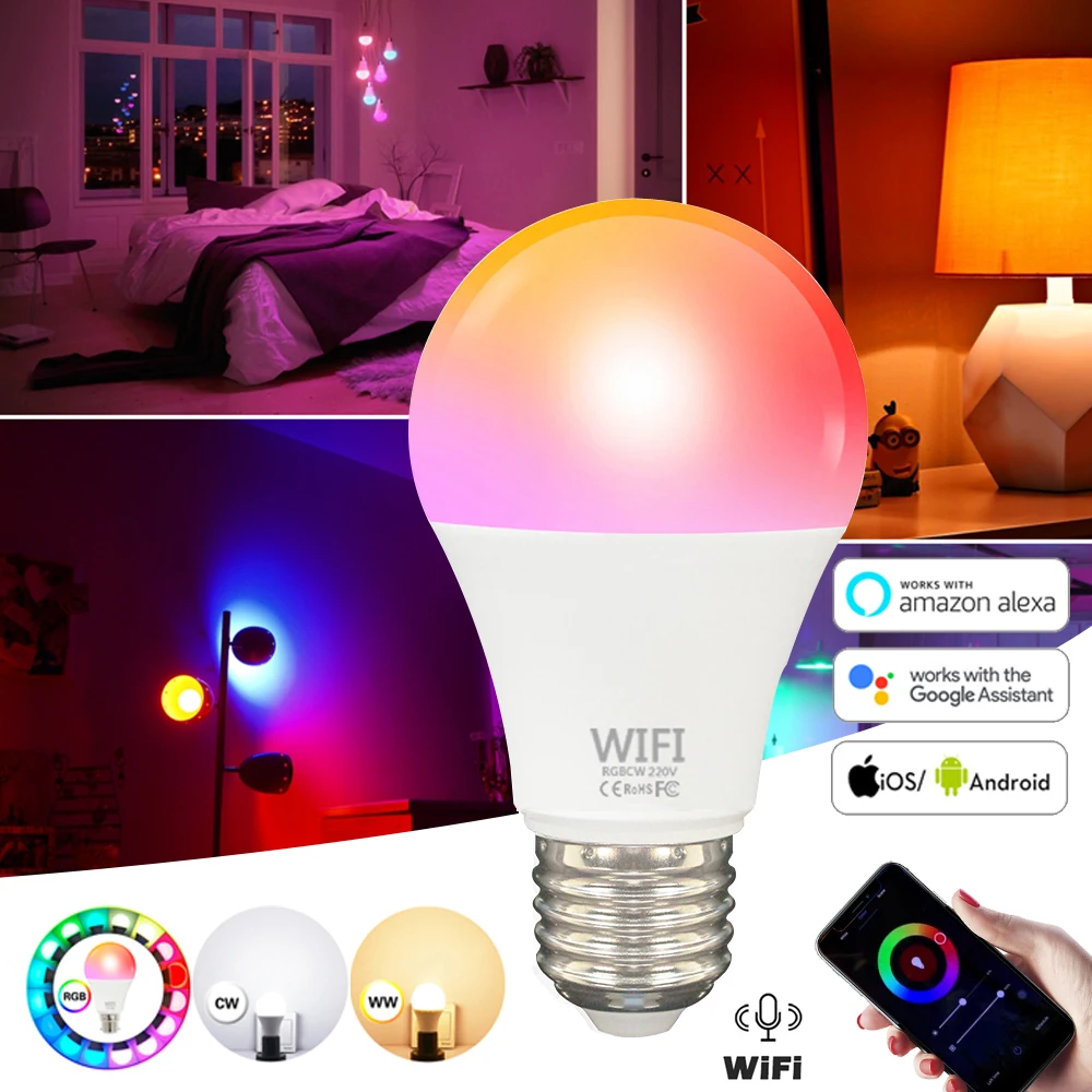 

WiFi Smart Light Bulb B22 E27 LED RGB Lamp Work with Alexa/Google Home 85-265V RGB+C+W Dimmable Timer Function Magic Bulb