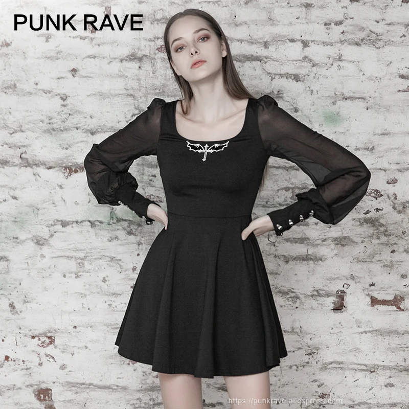 Панк RAVE женское шифоновое платье с длинными рукавами винтажное u образное