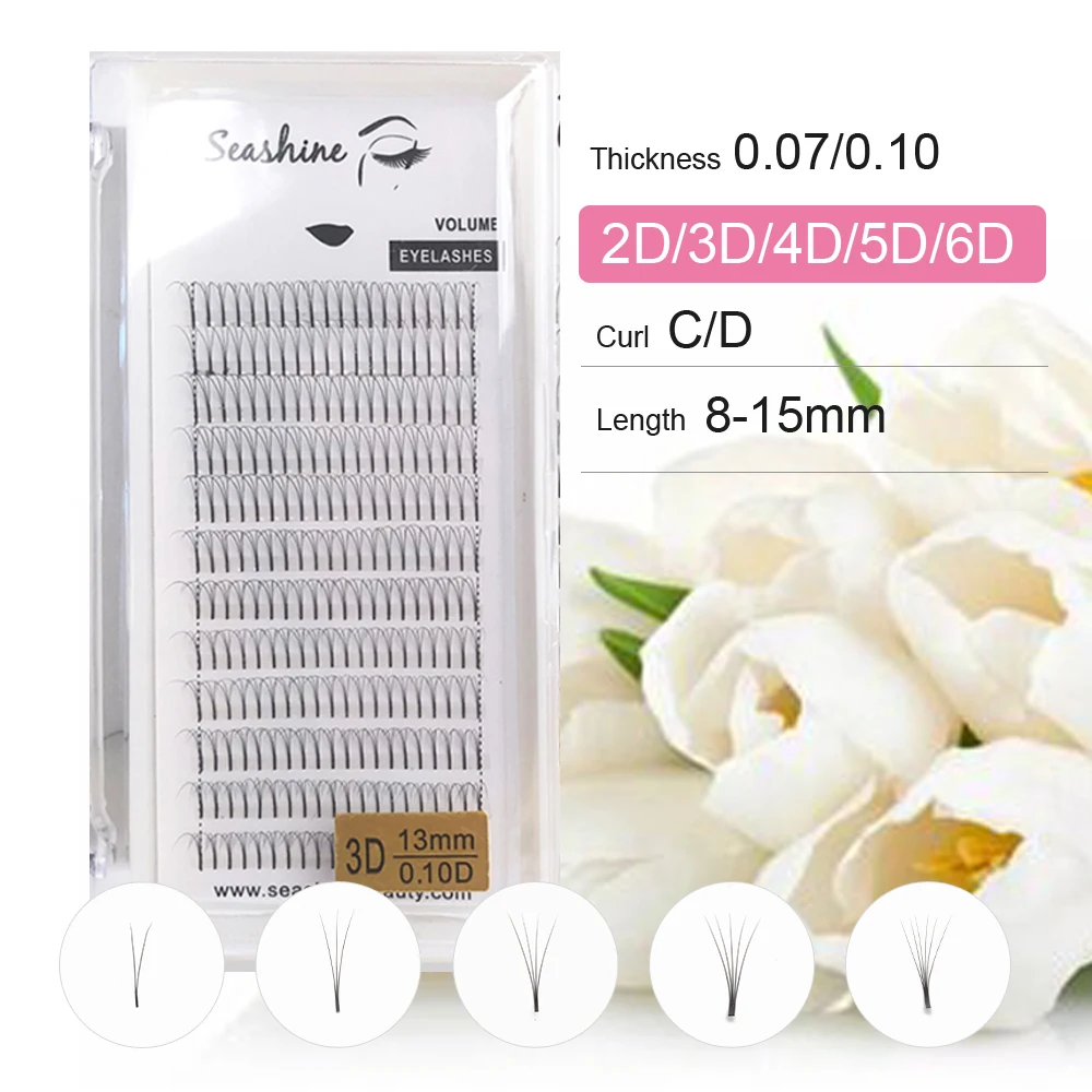 

Seashine High Quality 2D 3D Long Stem Russian Volume Lash Extensions 0.05mm Thickness Premade Fans Naturl Long Eyelash Extension