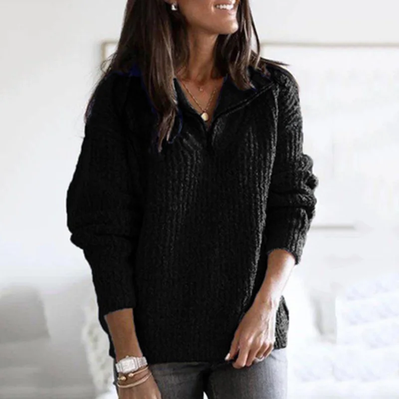 

Women Sweater Knitted Autumn Winter Thick Turn Down Collar Zipper Pullover Sweaters Plus Size Long Sleeve Casual Solid Color Top