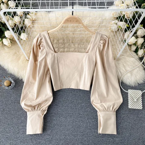 Women Elegant French Blouse Long Sleeve Square Collar Solid Slim Tops Autumn Fashion Korean Streetwear Short Blouses