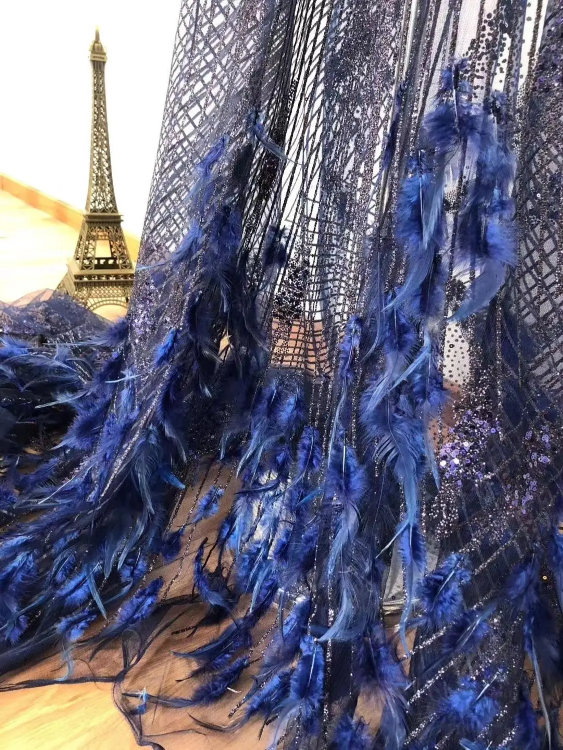

New Nigeria French Luxury Sequins and Feather Tulle Lace Fabric ZX-SJ040