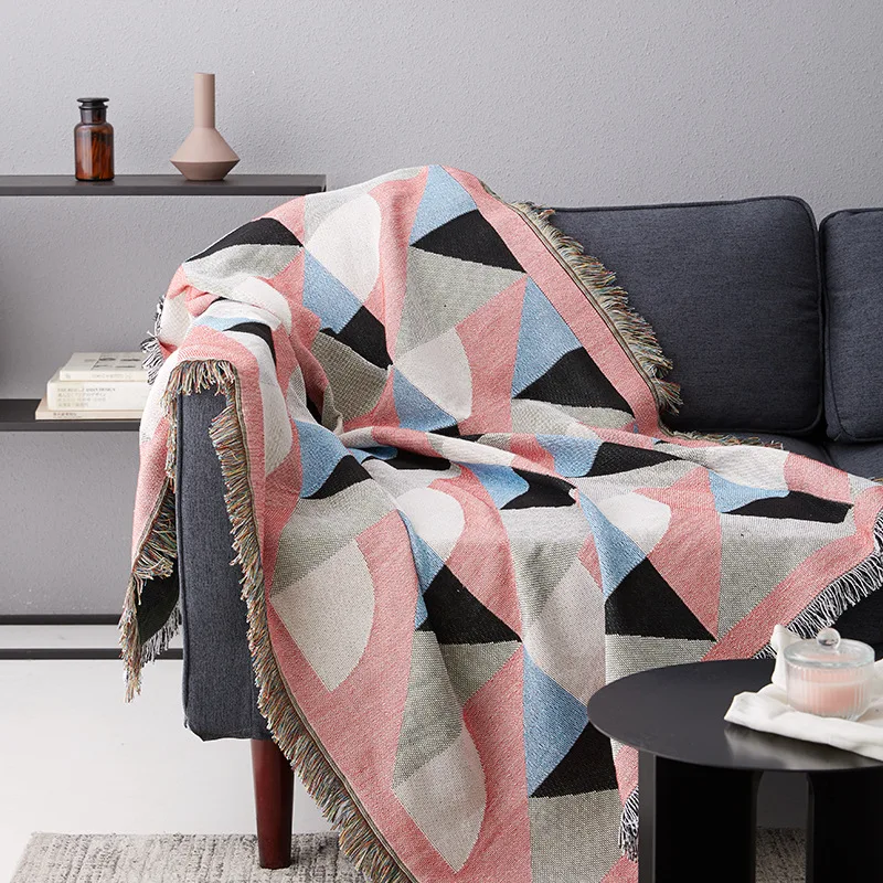 

[MUZE-U]Retro plaid sofa throw blanket geometric tassel knitted sofa cover travel hotel airplane portable blanket decor tapestry