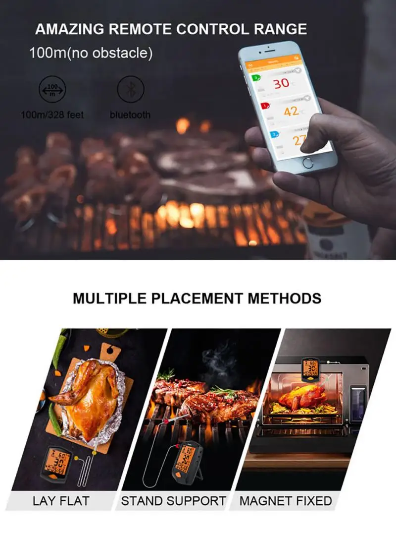 

Outdoor BBQ Bluetooth Metal Probe 6 Temperature Thermometer Channels Measure Remote Control Mobile Phone Timer Home Accessories