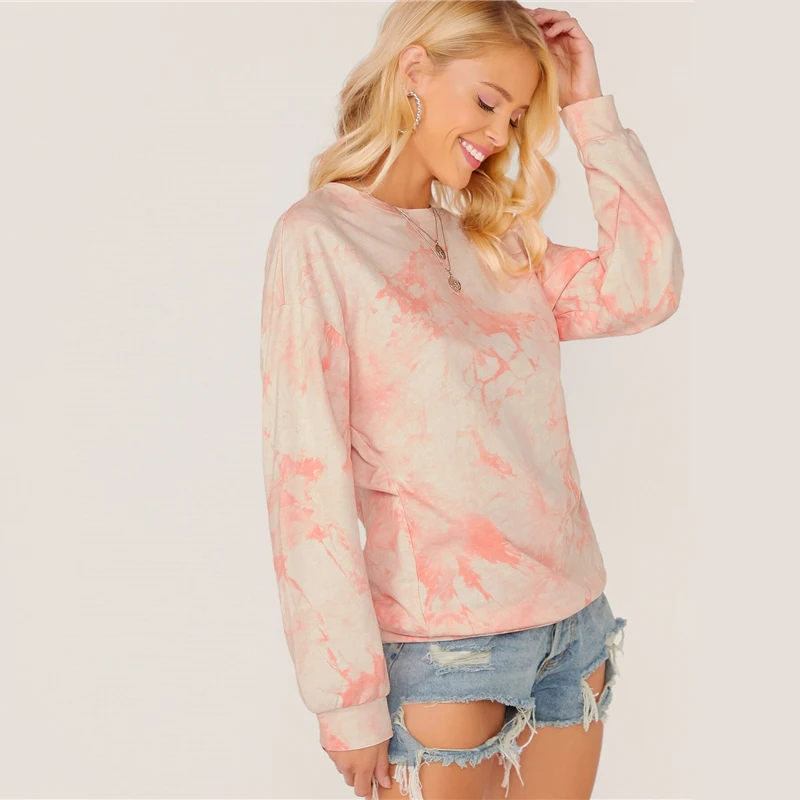 SHEIN Пастельная розовая толстовка с открытыми плечами и галстуком-красителем топы, пуловер для женщин, осенние базовые Женские повседневные толстовки с длинными рукавами