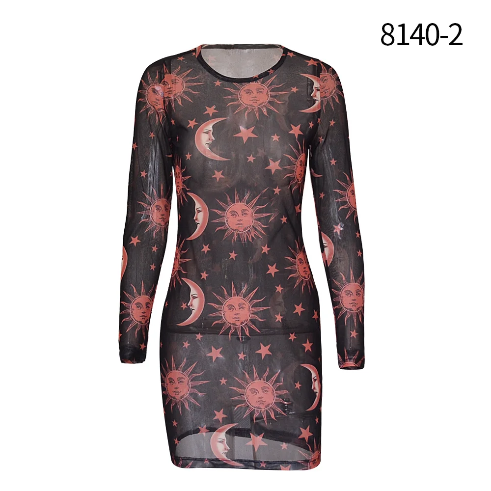 

Women's long-sleeved printed mesh slim-fit sexy dress