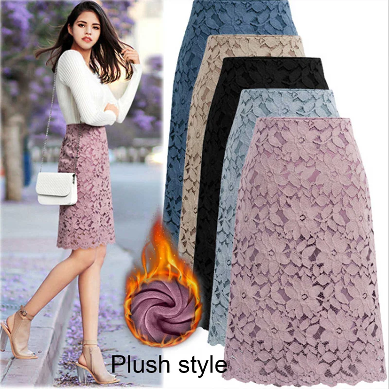 

Женская кружевная юбка-трапеция, элегантная офисная юбка, черная бархатная юбка-карандаш для женщин, Теплые юбки до колена с высокой талией